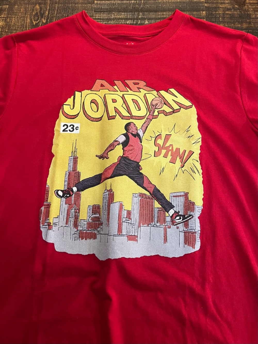 Jordan Red Graphic Tee with Yellow Comic-Style Print
